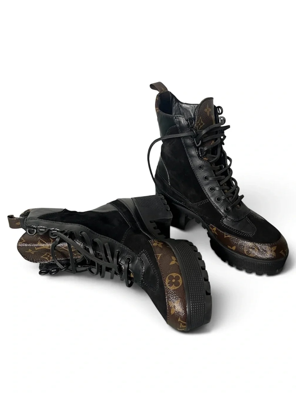 Louis Vuitton Black Leather & Brown Monogram Lace-Up Combat Boots
